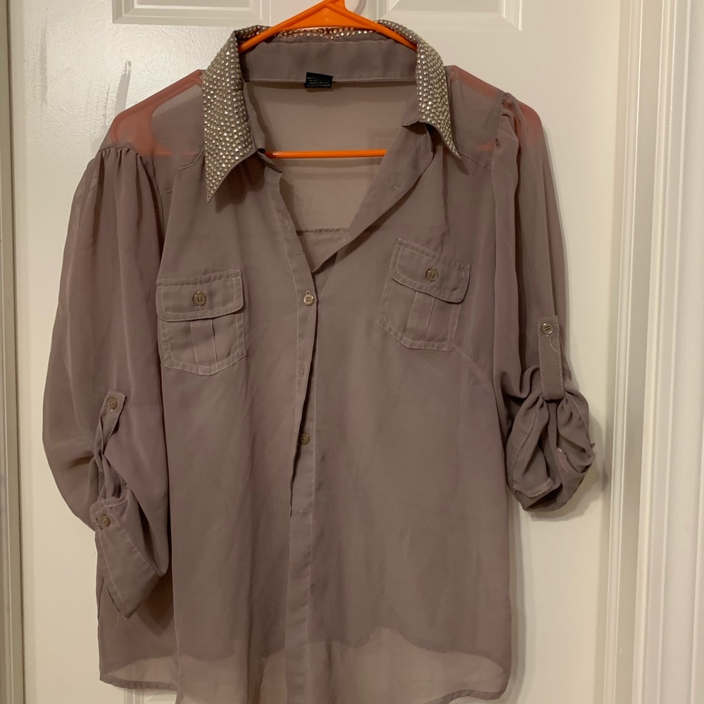 Rhinestone Colar Sheer Blouse